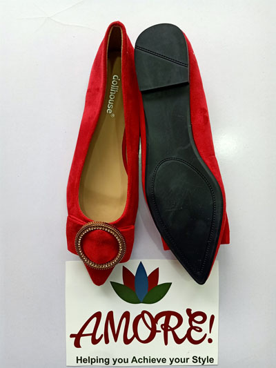 Red pointed suede doll shoe