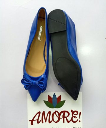 Royal blue pointed doll shoe with bow