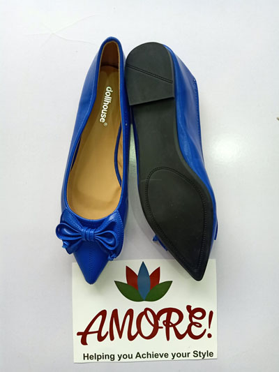 Royal blue pointed doll shoe with bow