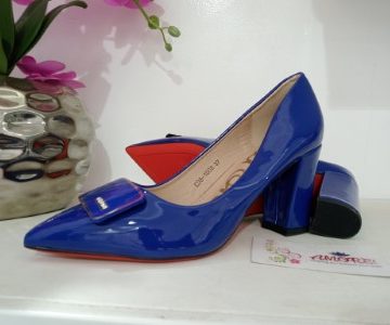 Royal blue block heel with front buckle