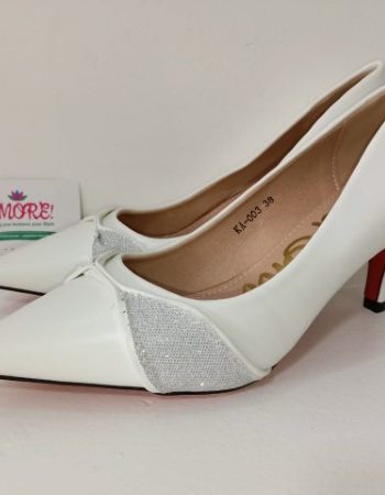 White kitten heel with silver detail