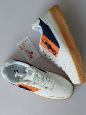 SP white sneaker with brown sole and orange size zip