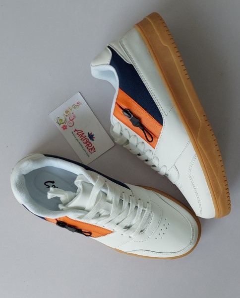 SP white sneaker with brown sole and orange size zip