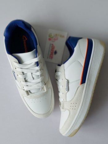 White and blue sneaker with blue side stripe