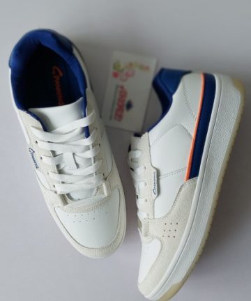 White and blue sneaker with blue side stripe