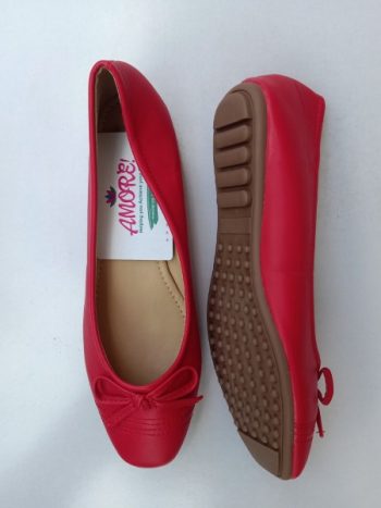 Red doll shoe with front stripes