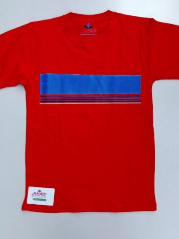 Red tee with blue striped print