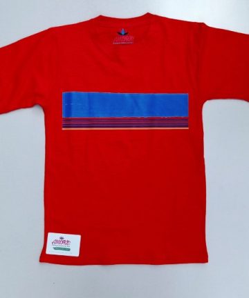 Red tee with blue striped print