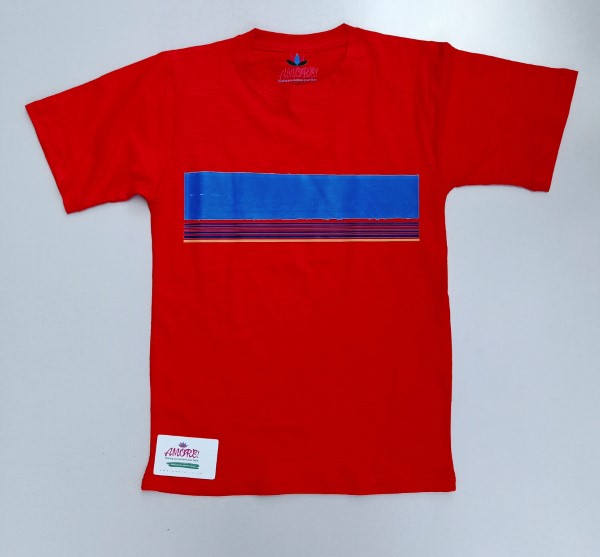Red tee with blue striped print