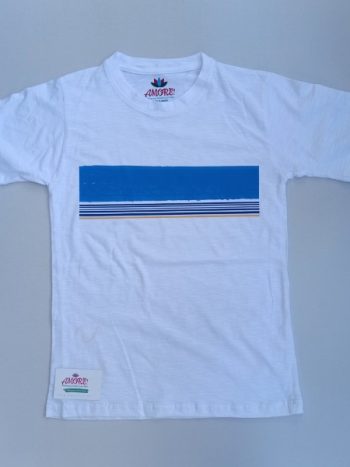 White tee with blue striped print