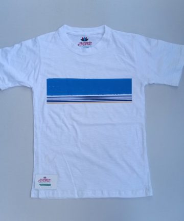 White tee with blue striped print