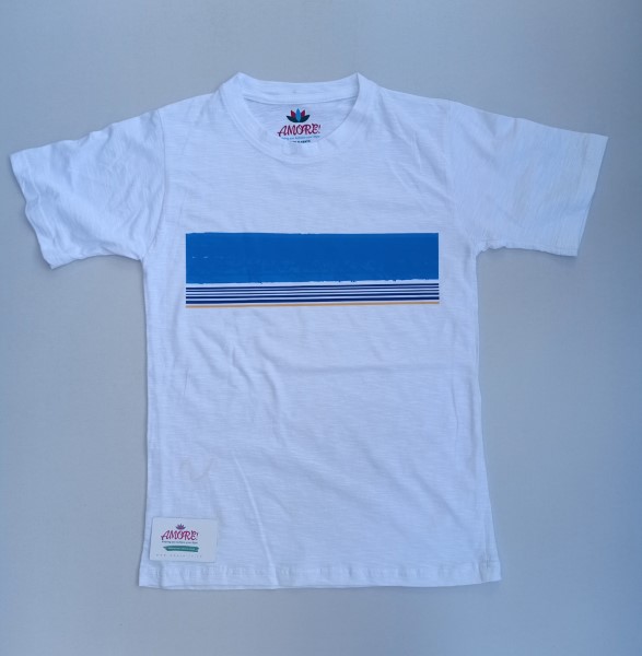 White tee with blue striped print