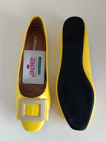 Yellow wetlook doll shoe with buckle