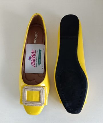 Yellow wetlook doll shoe with buckle